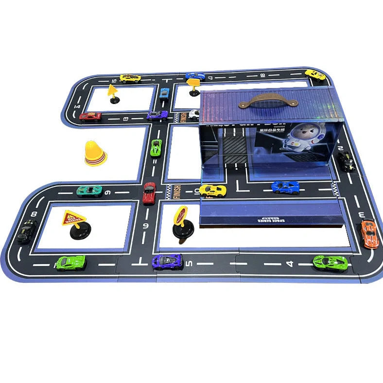 Alloy car toy set with 20 die-cast vehicles, 5 barricades and 18 puzzle pieces in container gift box