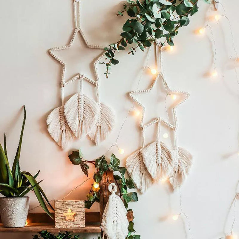 Handmade woven tapestry with LED lights in moon, star, owl, or circle designs