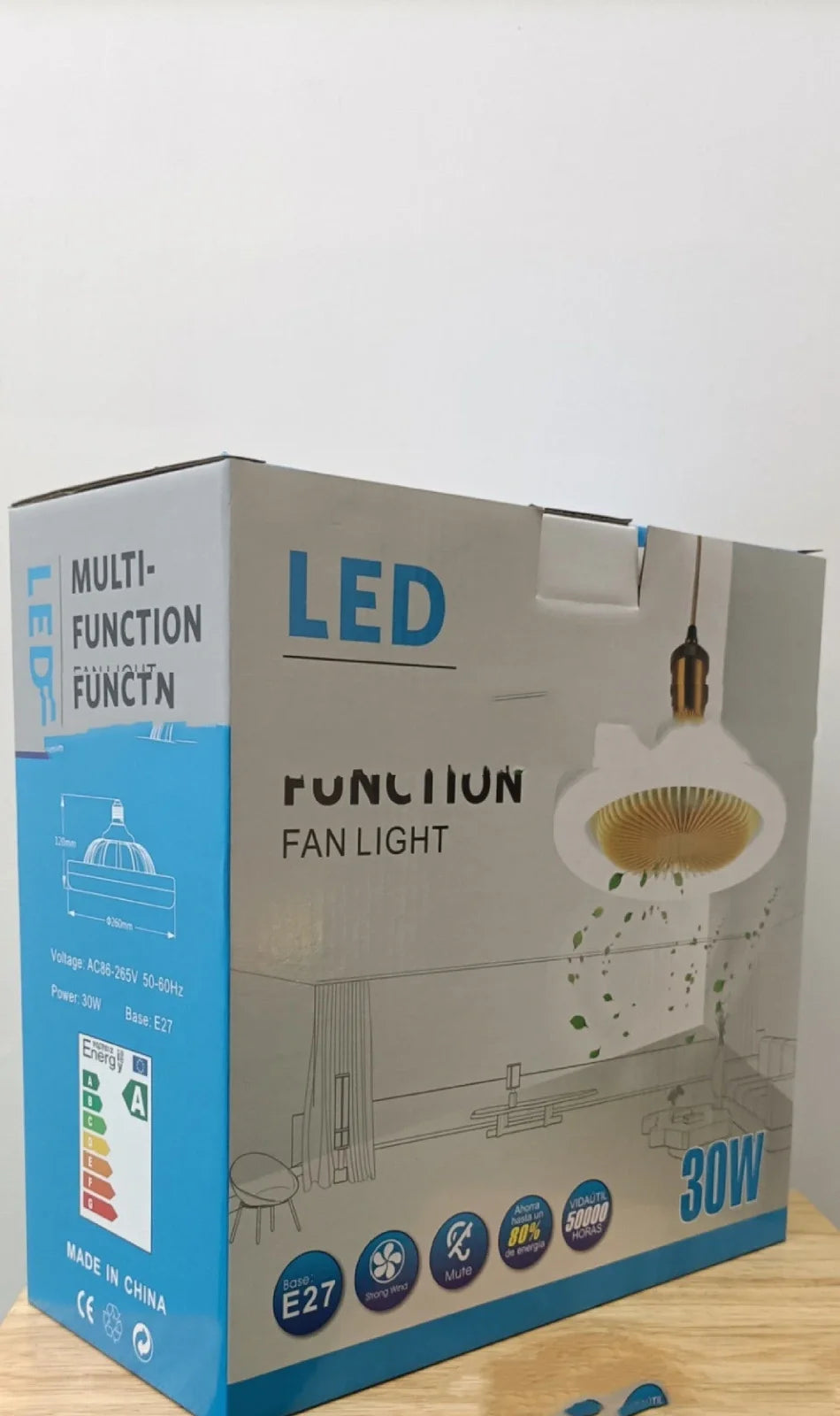 26cm round white ceiling fan with plastic blades and integrated LED light, remote control