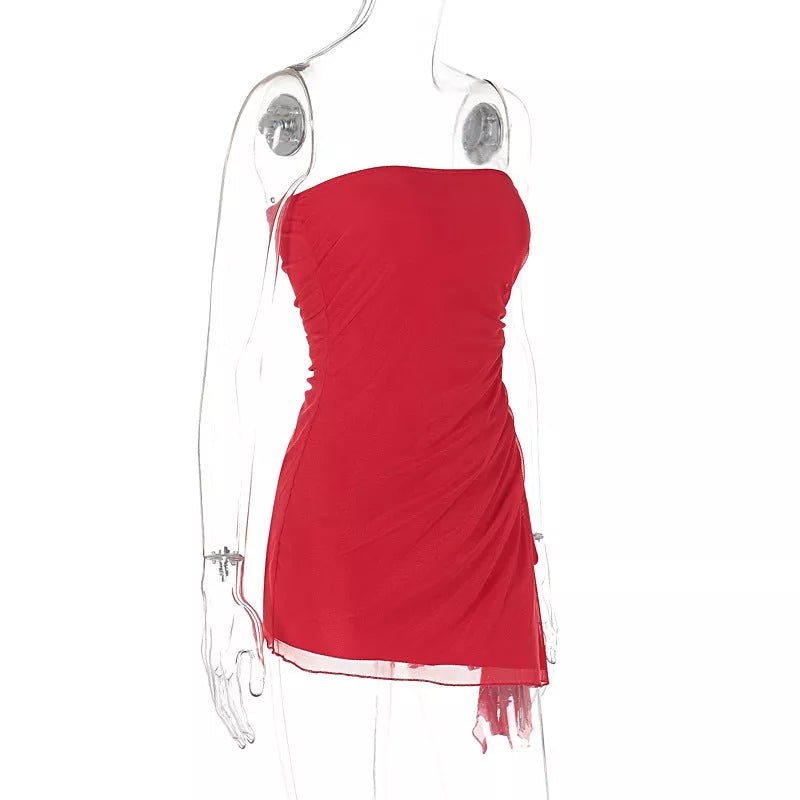 Y2K tube-top split dress in black, pink, wine red, and grey for women