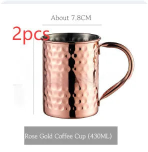 Stainless steel Moscow Mule cup with copper interior in gold, rose gold, silver, or black finish.