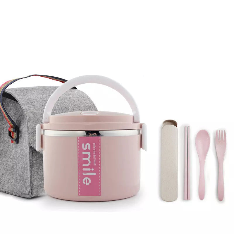 Stainless steel lunch box with built-in spoon, leak-proof design, available in green, pink, and blue