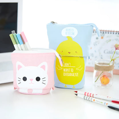 Round Korean-style canvas pencil case with cartoon animal pattern measuring 19cm