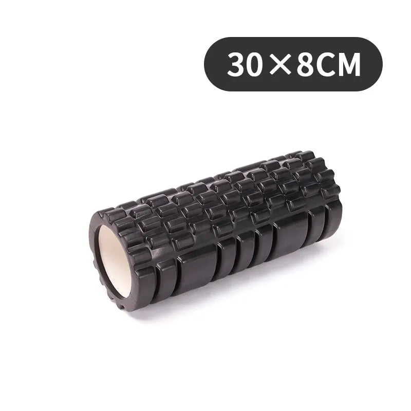 EVA foam roller in black, grey, pink, sky blue, or light purple, showing cylindrical shape for fitness recovery