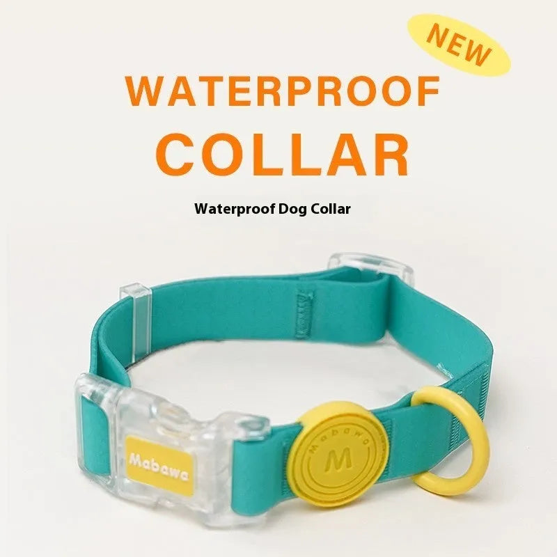 Nylon dog collar and hand holding rope in smoky gray, new green, lemon yellow, and rose pink colour options.