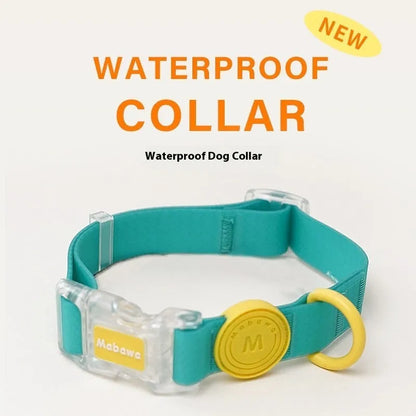 Nylon dog collar and hand holding rope in smoky gray, new green, lemon yellow, and rose pink colour options.