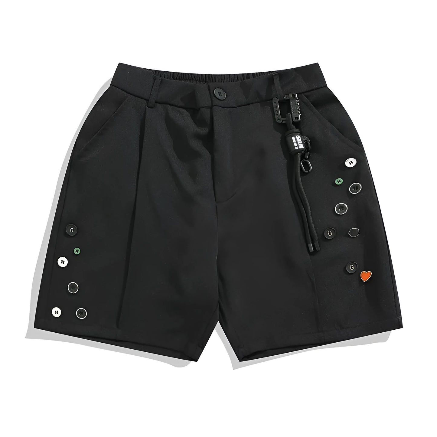 Men's black loose fit shorts with elastic waistband and zip fly in straight-leg design
