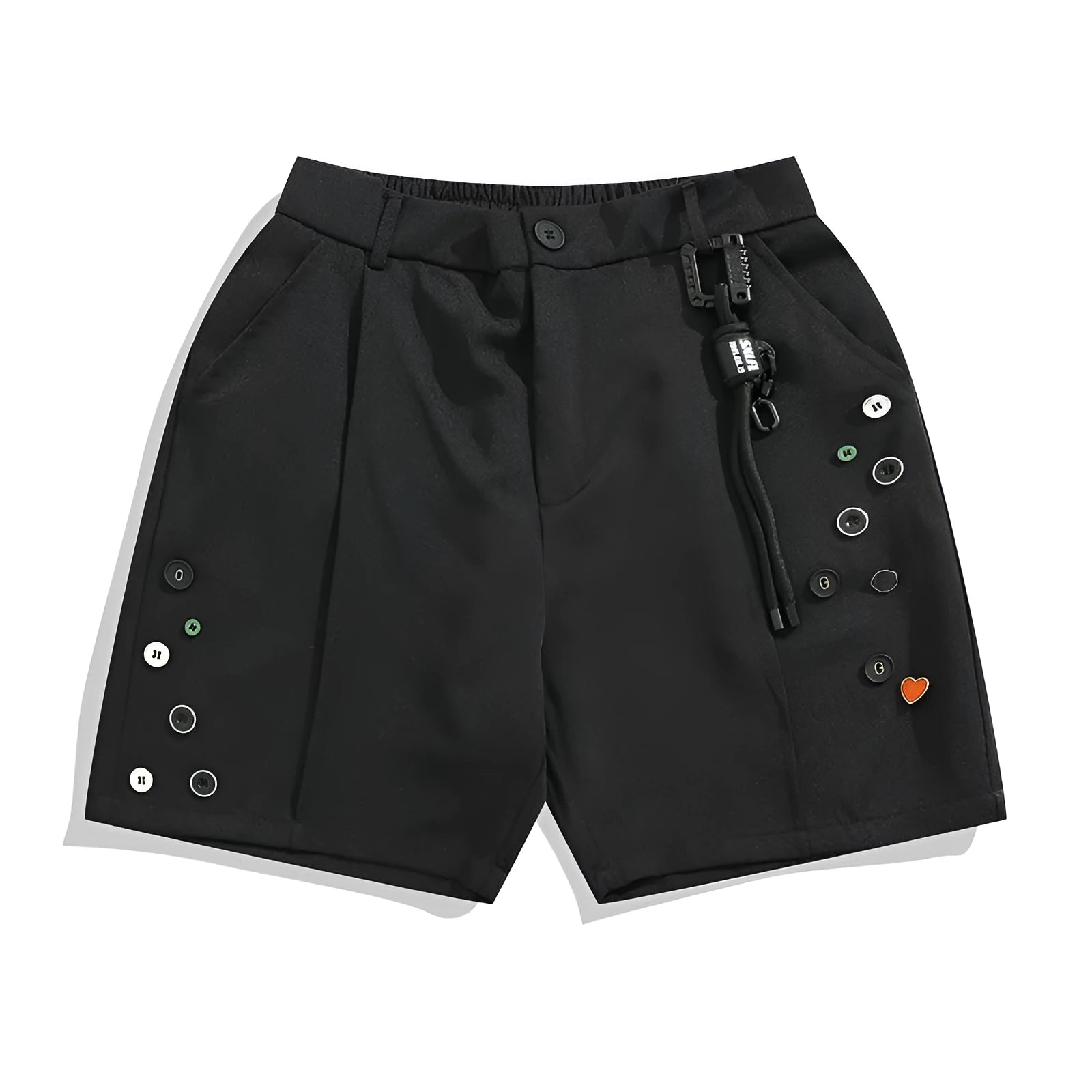 Men's black loose fit shorts with elastic waistband and zip fly in straight-leg design