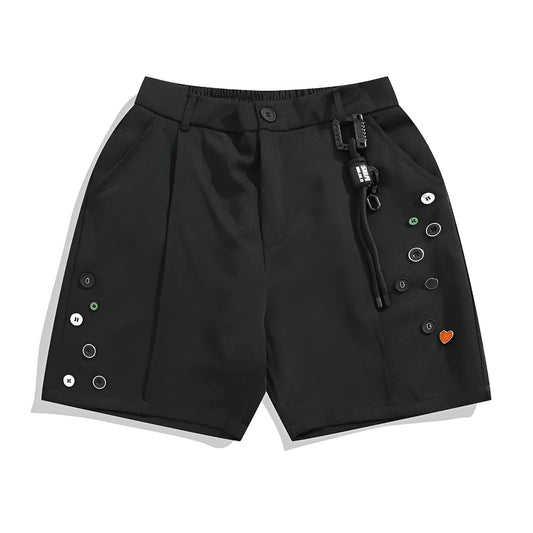 Men's black loose fit shorts with elastic waistband and zip fly in straight-leg design