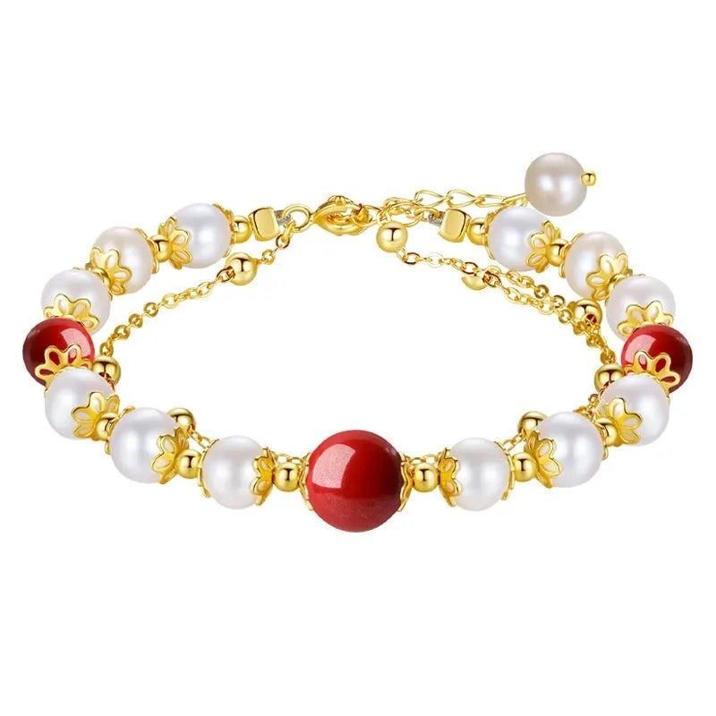 Sterling silver double-layer bracelet with freshwater pearls and red cinnabar bean charms