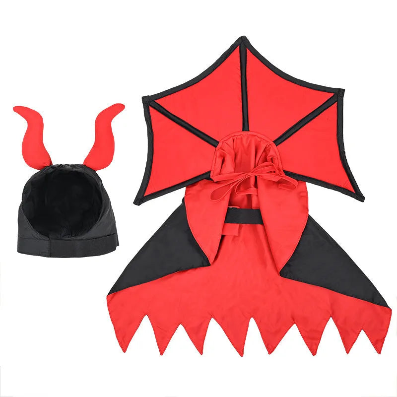 Black polyester vampire cloak and hat costume for a pet dog or cat on Halloween.
