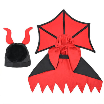 Black polyester vampire cloak and hat costume for a pet dog or cat on Halloween.