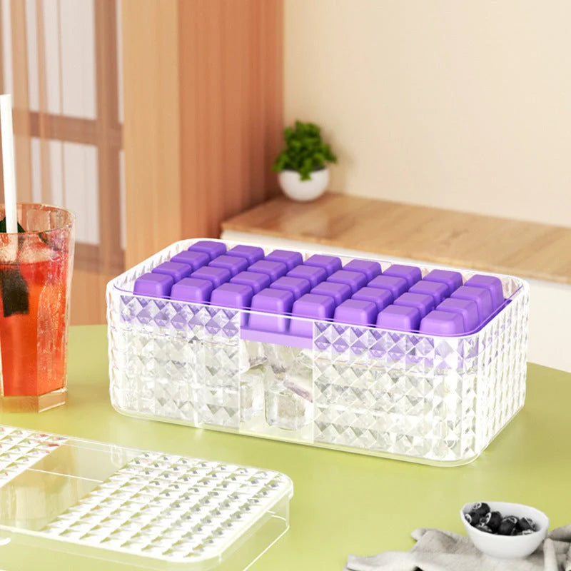 Large silicone square ice mold with lid for easy ice cube removal, available in green and purple