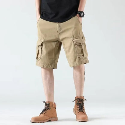 Men's heavy American overalls shorts in khaki, black, or green, loose straight-leg polyester blend summer shorts with zip fly