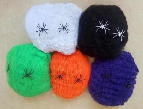 Realistic Halloween spider cotton web decoration with small spiders, available in multiple colors