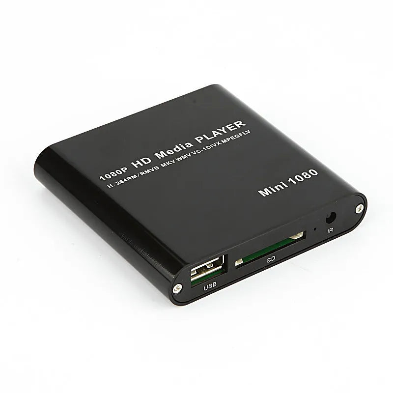 Black or blue 1080P Full HD media player with HDMI port, SD card slot, and USB inputs.
