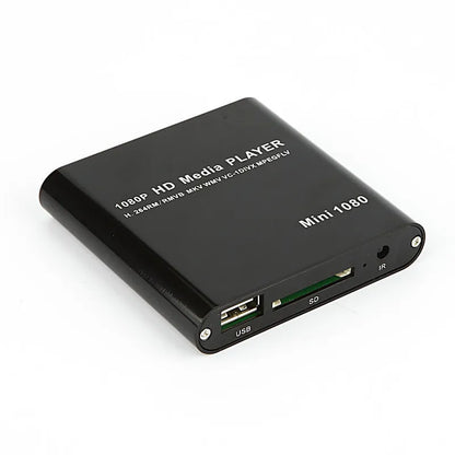 Black or blue 1080P Full HD media player with HDMI port, SD card slot, and USB inputs.