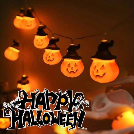 Warm glowing Halloween lighting chain with pumpkins, ghosts, and bats for indoor and outdoor decoration