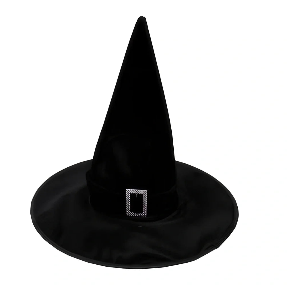 Halloween wizard hat in non-woven crepe fabric showing three style options: black, curved angle, and flocked orange
