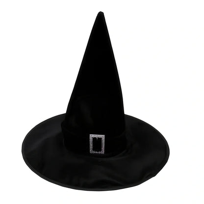 Halloween wizard hat in non-woven crepe fabric showing three style options: black, curved angle, and flocked orange