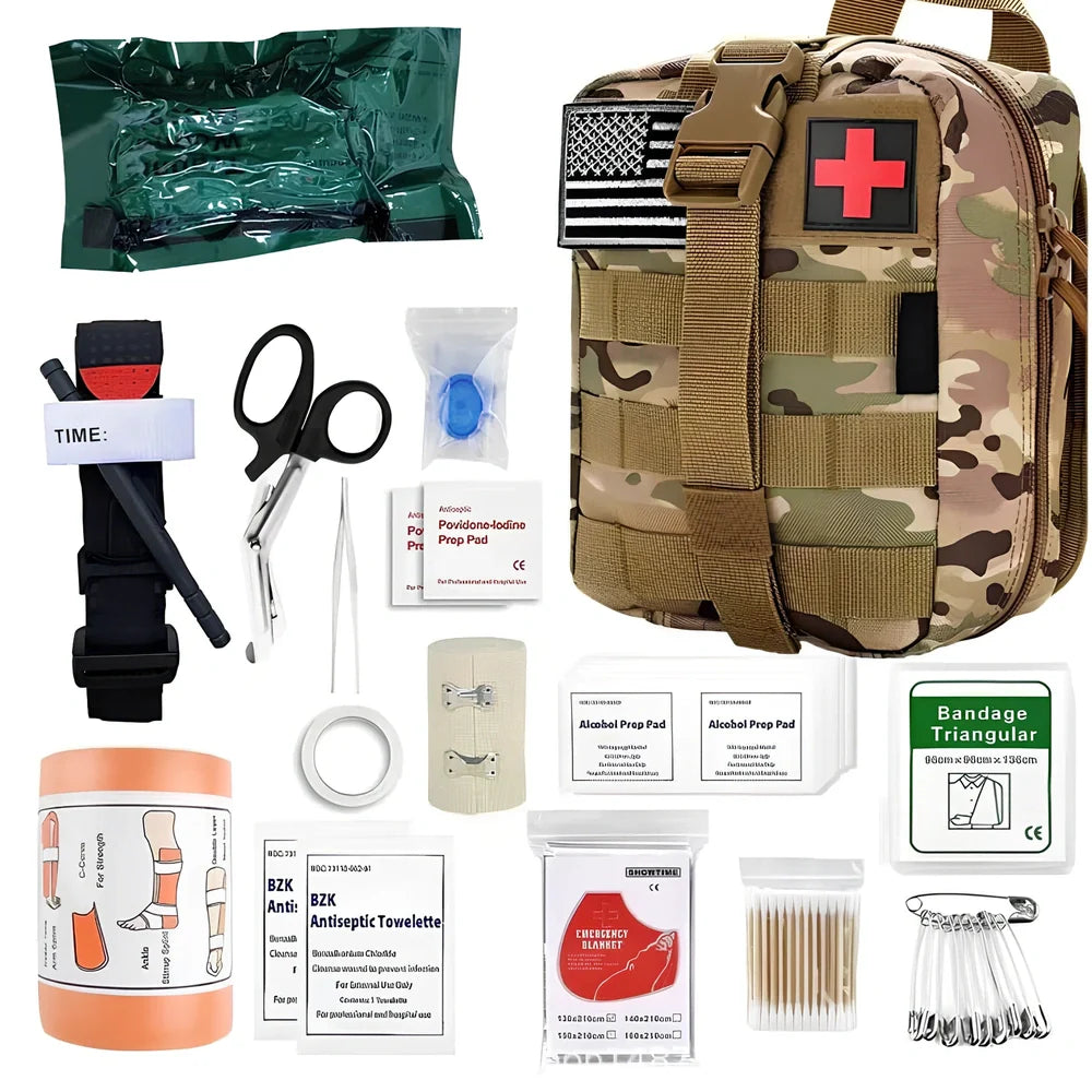 Taupe camouflage tactical bag 20x13x11cm holding Outdoor Travel Survival First Aid Kit with tourniquet, bandages, and blanket for emergency use