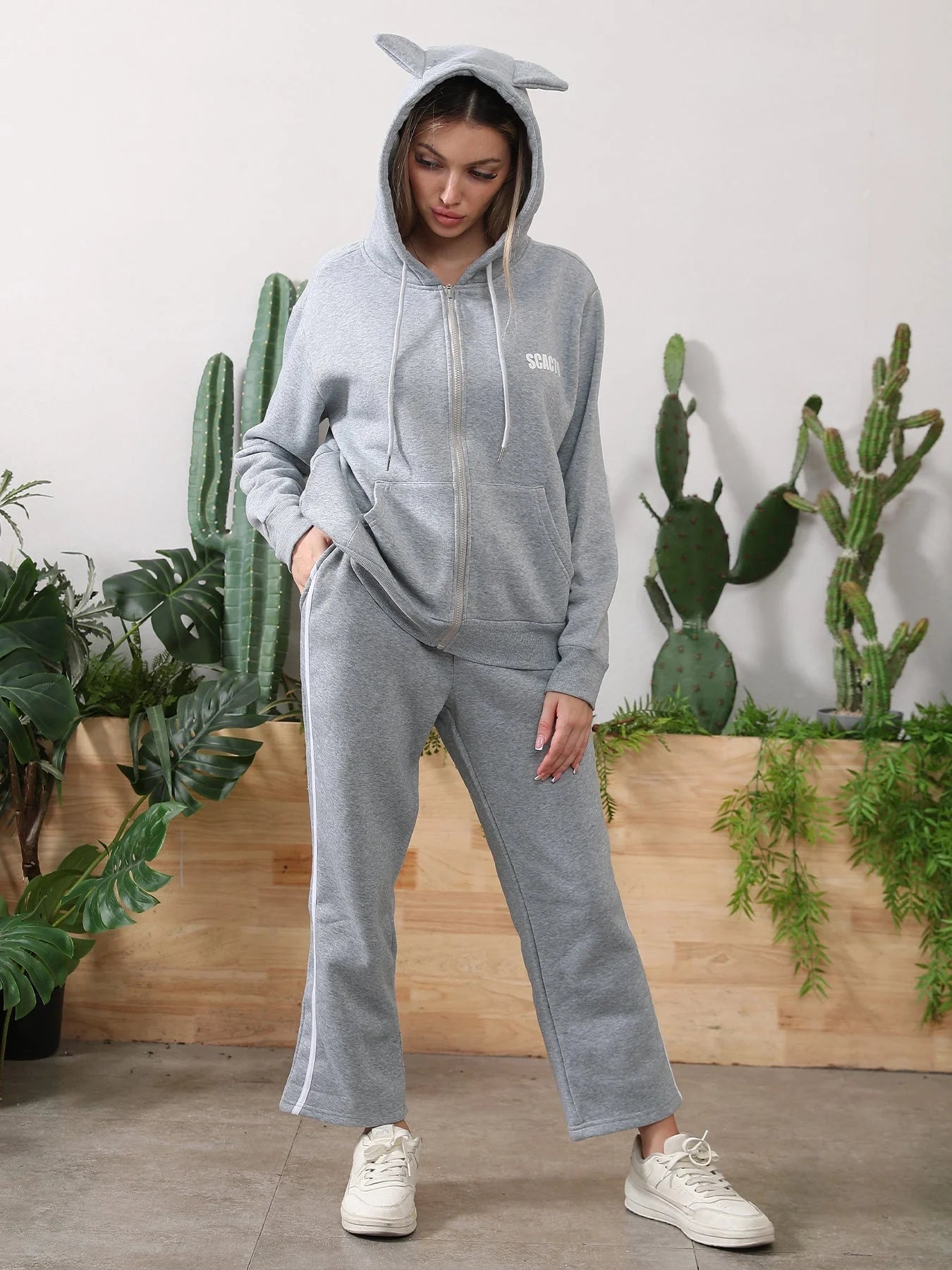 Cozy and comfortable women's hooded sweatshirt set in black and gray colors