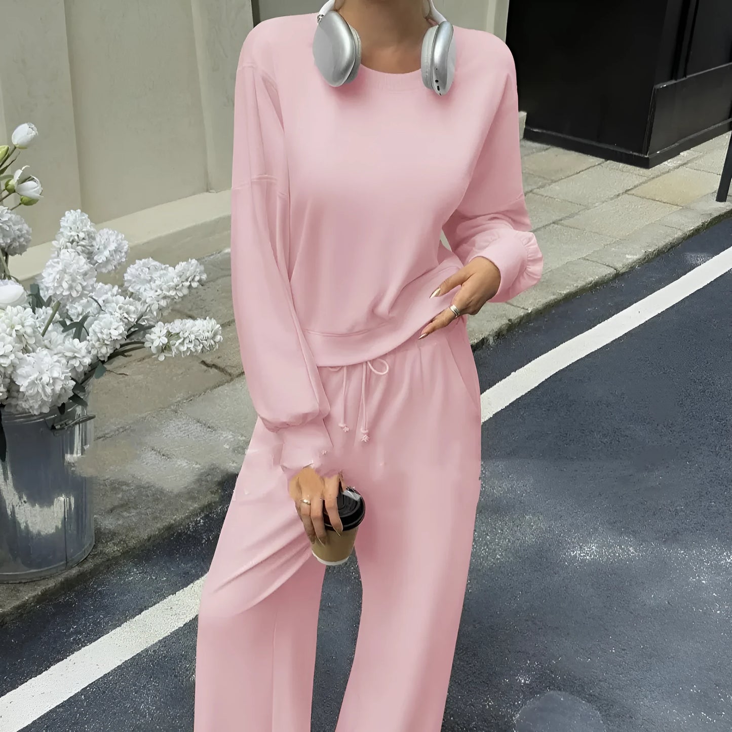 Women's solid colour polyester two-piece set with trousers and long-sleeved top in street hipster style