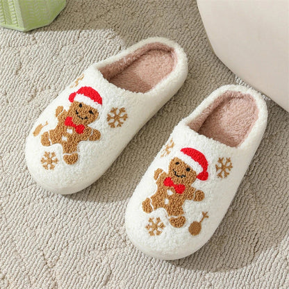 Cozy plush gingerbread slippers with festive snowflake patterns, designed for comfortable indoor wear during the winter season.
