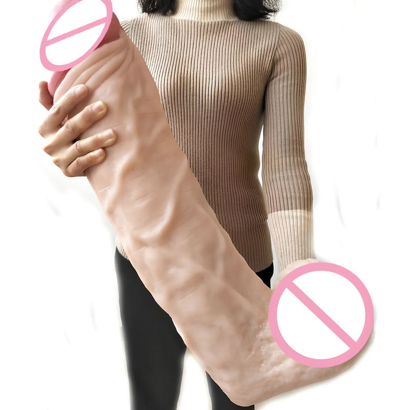 Realistic silicone dildo measuring 55cm in length with 13cm circumference, featuring black skin tone finish and backed by 5-year warranty for extended use
