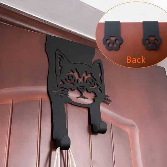 Black iron decorative cat-shaped wall hook with punch-free mount.
