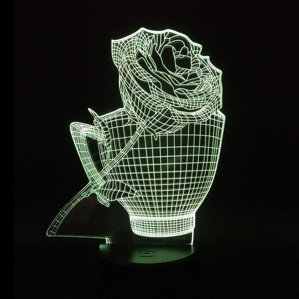 3D rose-shaped night light showing multiple colour options with remote control and USB cable