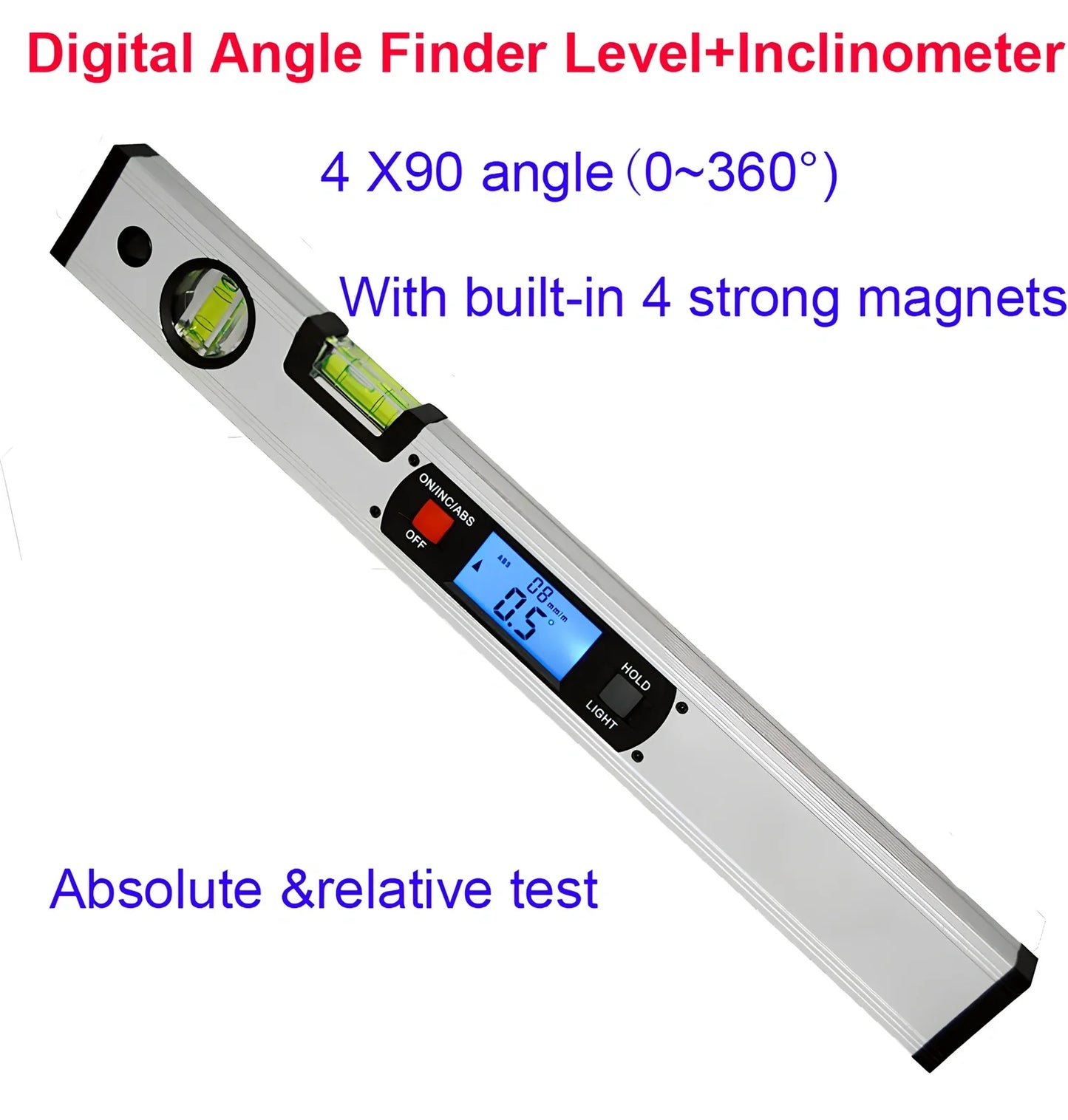 Magnetic digital angle meter with LCD display showing degree measurement on metal surface