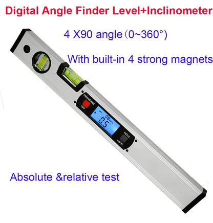 Magnetic digital angle meter with LCD display showing degree measurement on metal surface