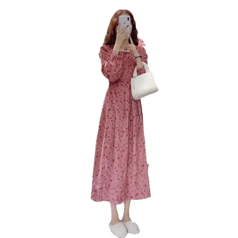 Red floral sweet cover long dress with elastic high waist and 3/4 princess sleeves.