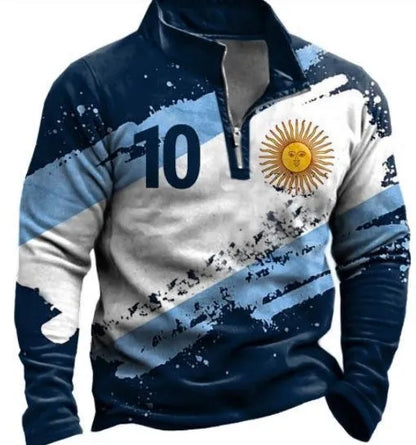 Man wearing a loose-fit long sleeve polo shirt with retro colour printing and a zip detail on the chest.