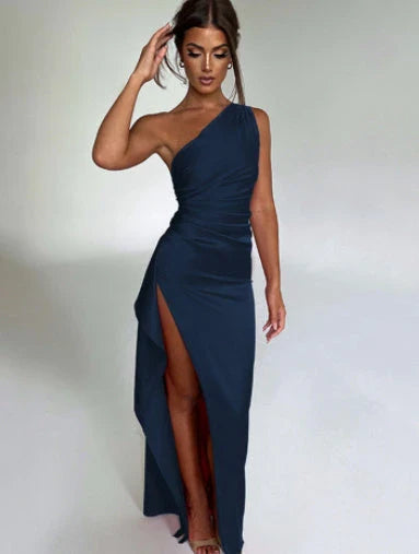 One-shoulder backless slit dress made of luxurious satin, available in a variety of vibrant colors