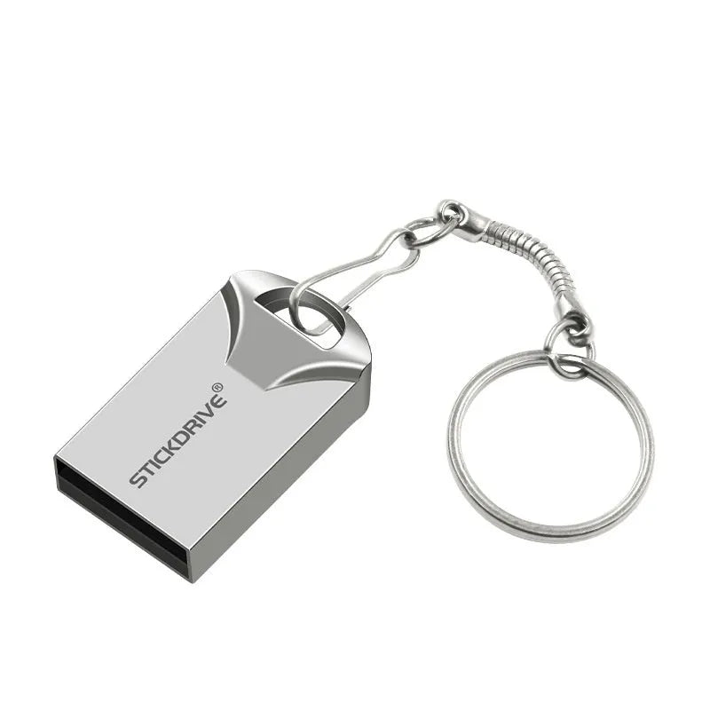 Silver metal USB flash drive with a carabiner keychain clip attached
