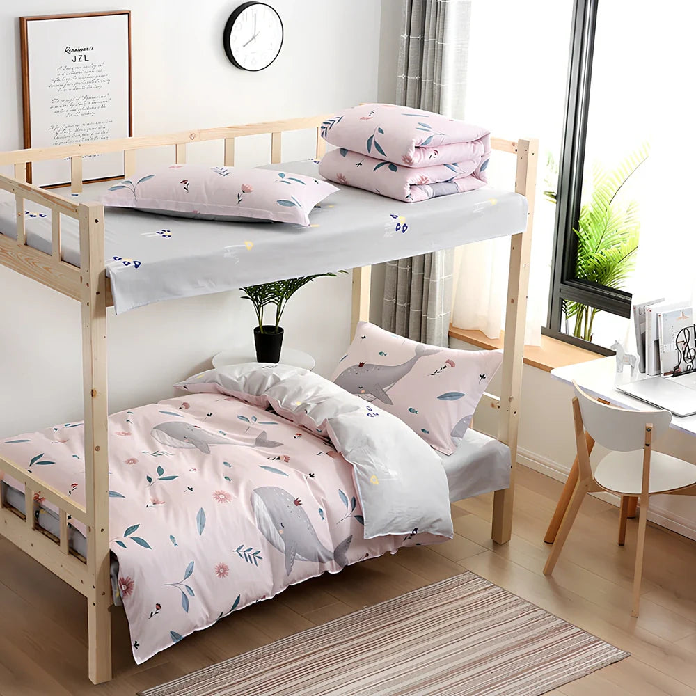 Reactive printed cotton bedding set with botanical flower and leaf patterns for UK double beds