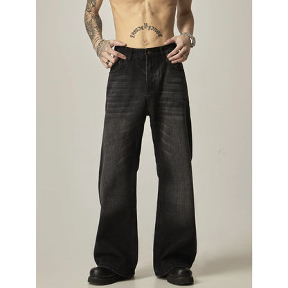Black loose straight jeans with retro styling, zipper fly, and inelastic denim fabric