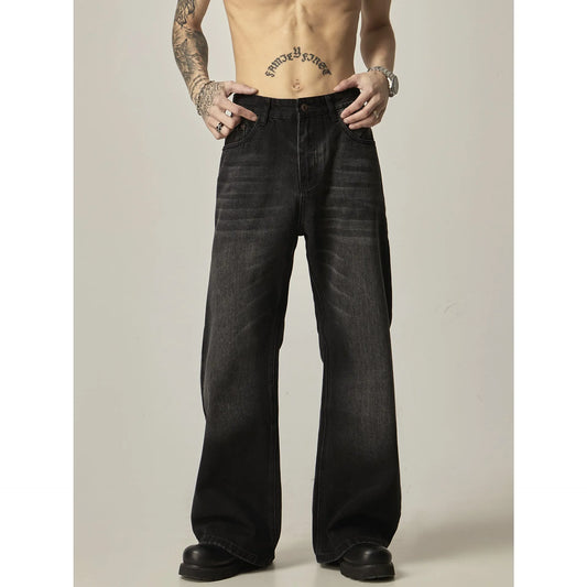 Black loose straight jeans with retro styling, zipper fly, and inelastic denim fabric