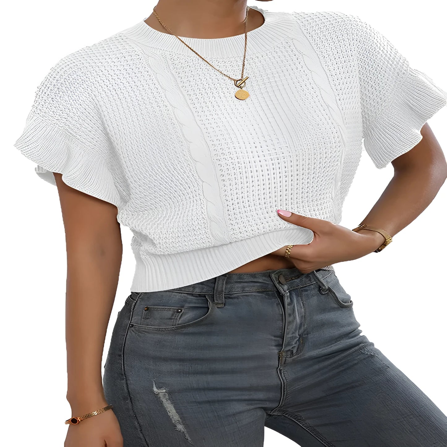 Twisted string pattern knitted pullover sweater with ruffled short sleeves in loose fit.