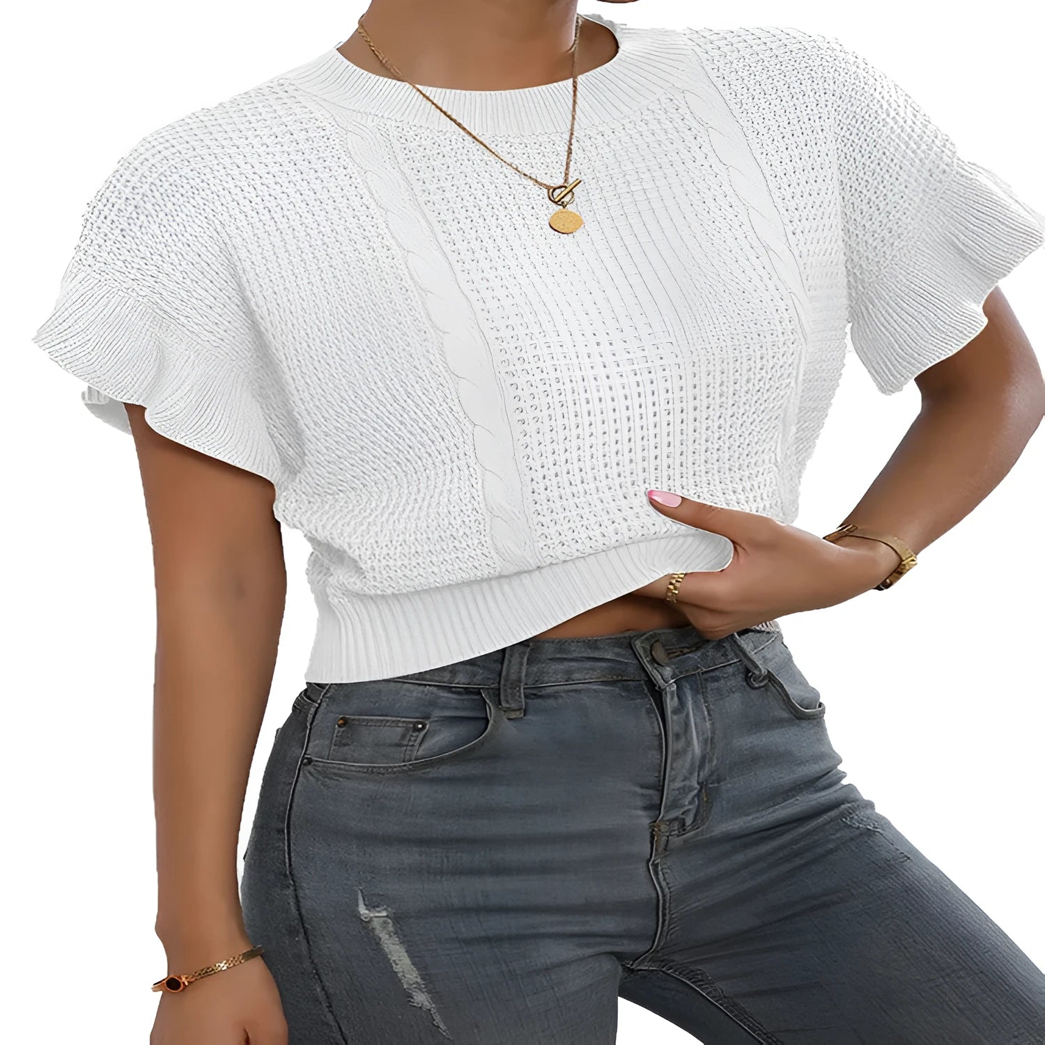 Twisted string pattern knitted pullover sweater with ruffled short sleeves in loose fit.