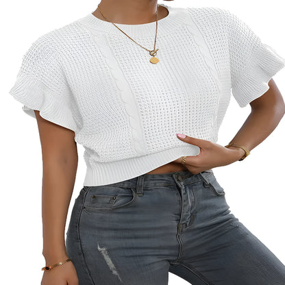 Twisted string pattern knitted pullover sweater with ruffled short sleeves in loose fit.