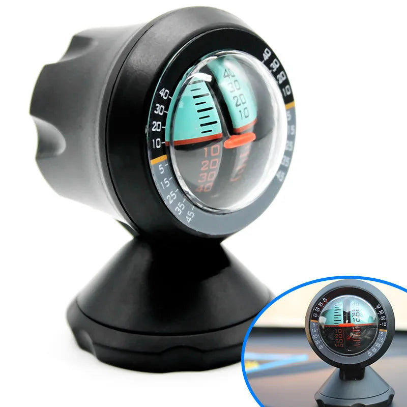 Black vehicle mounted slope meter on dashboard showing inclination measurement