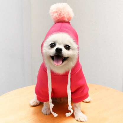 Two-legged hooded fleece dog outfits in various colors for autumn and winter wear