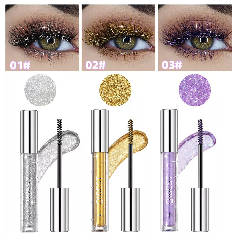 Violet Glitter Lash Mascara in gold, silver, and purple with quick-drying, waterproof formula