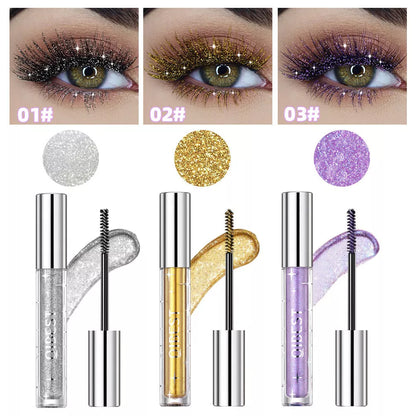 Violet Glitter Lash Mascara in gold, silver, and purple with quick-drying, waterproof formula