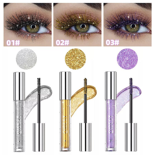 Violet Glitter Lash Mascara in gold, silver, and purple with quick-drying, waterproof formula