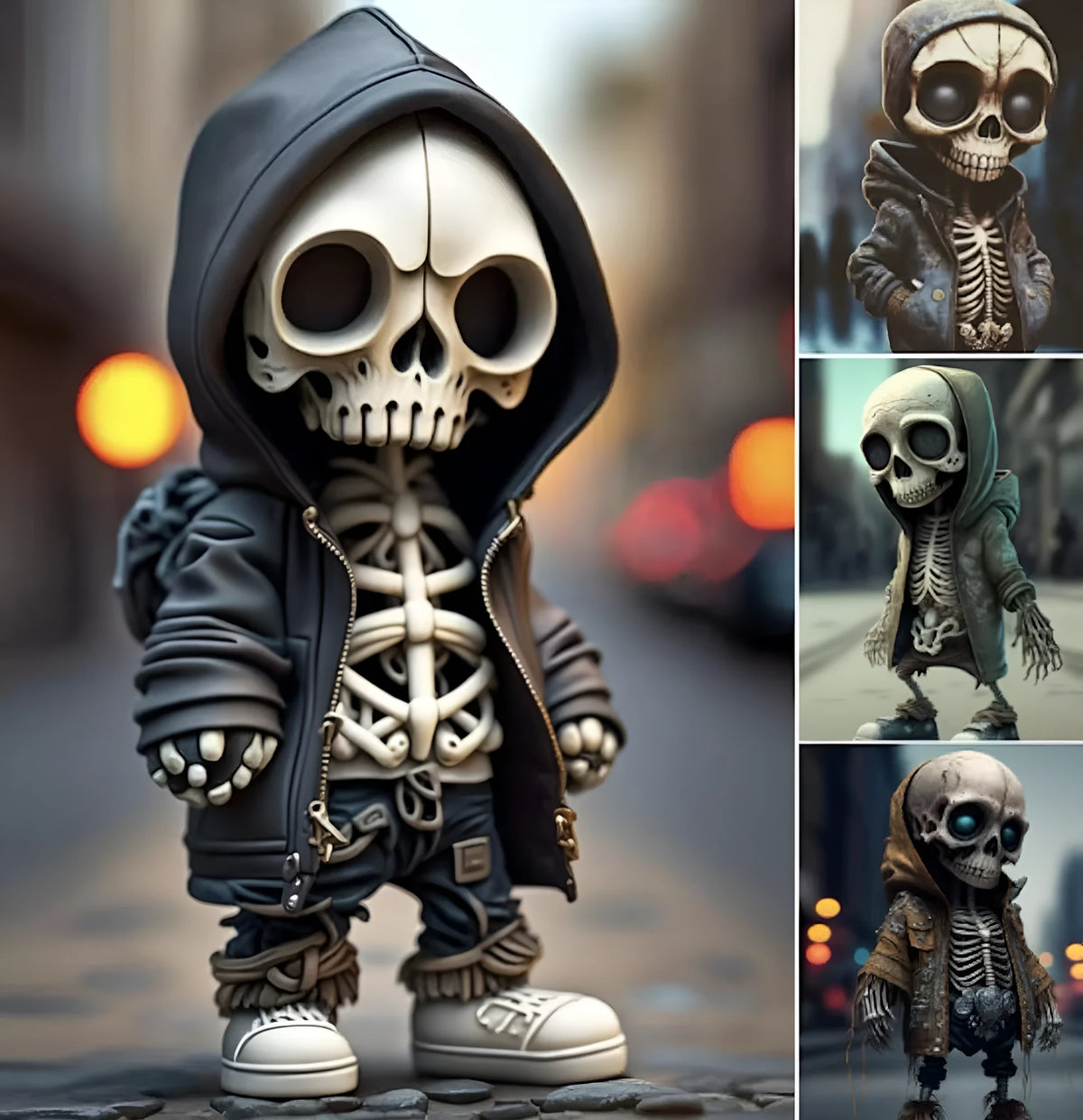 A 15cm tall resin skeleton figurine ornament on a desk.