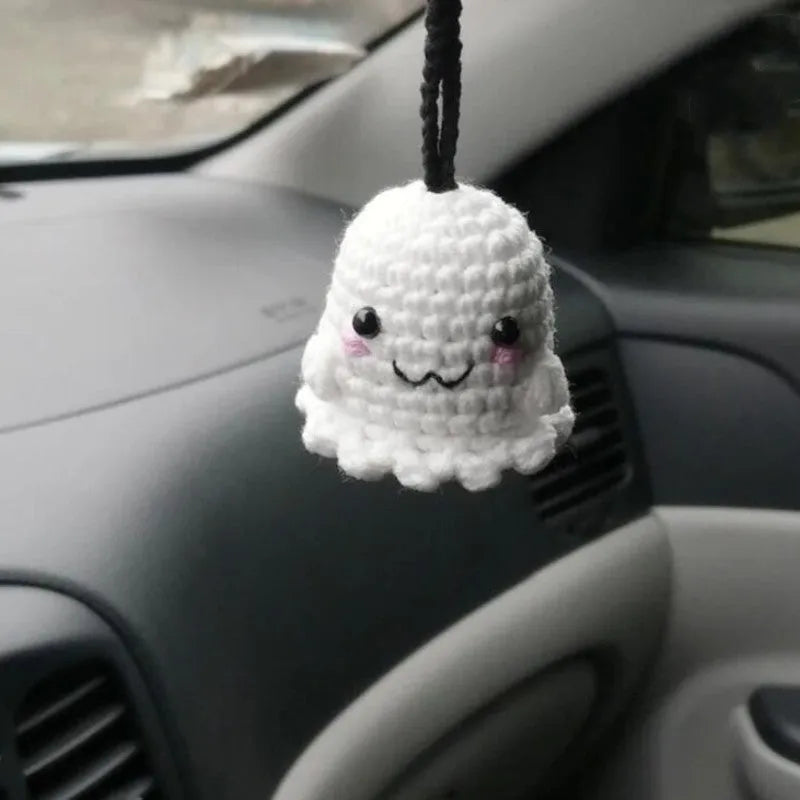 Soft, hand-woven plush car hanging ornament in a cartoon character design.